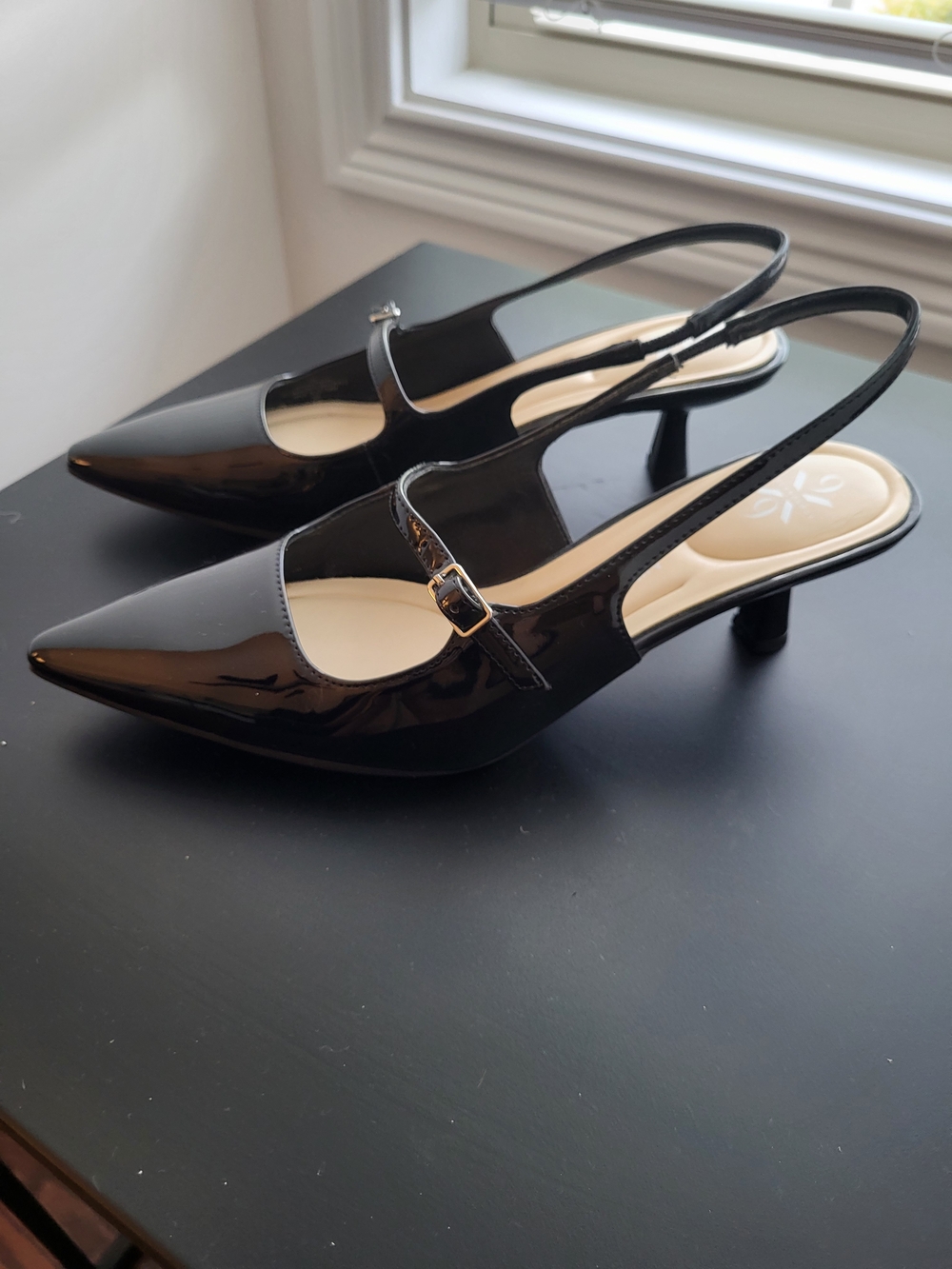 Nine West Women's Calun 9x9 Mary Jane Slingbacks Black Kitten Heels Patent 8M